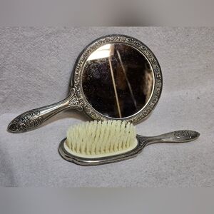 Vintage Silver Plate Hairbrush and Handheld Mirror Vanity